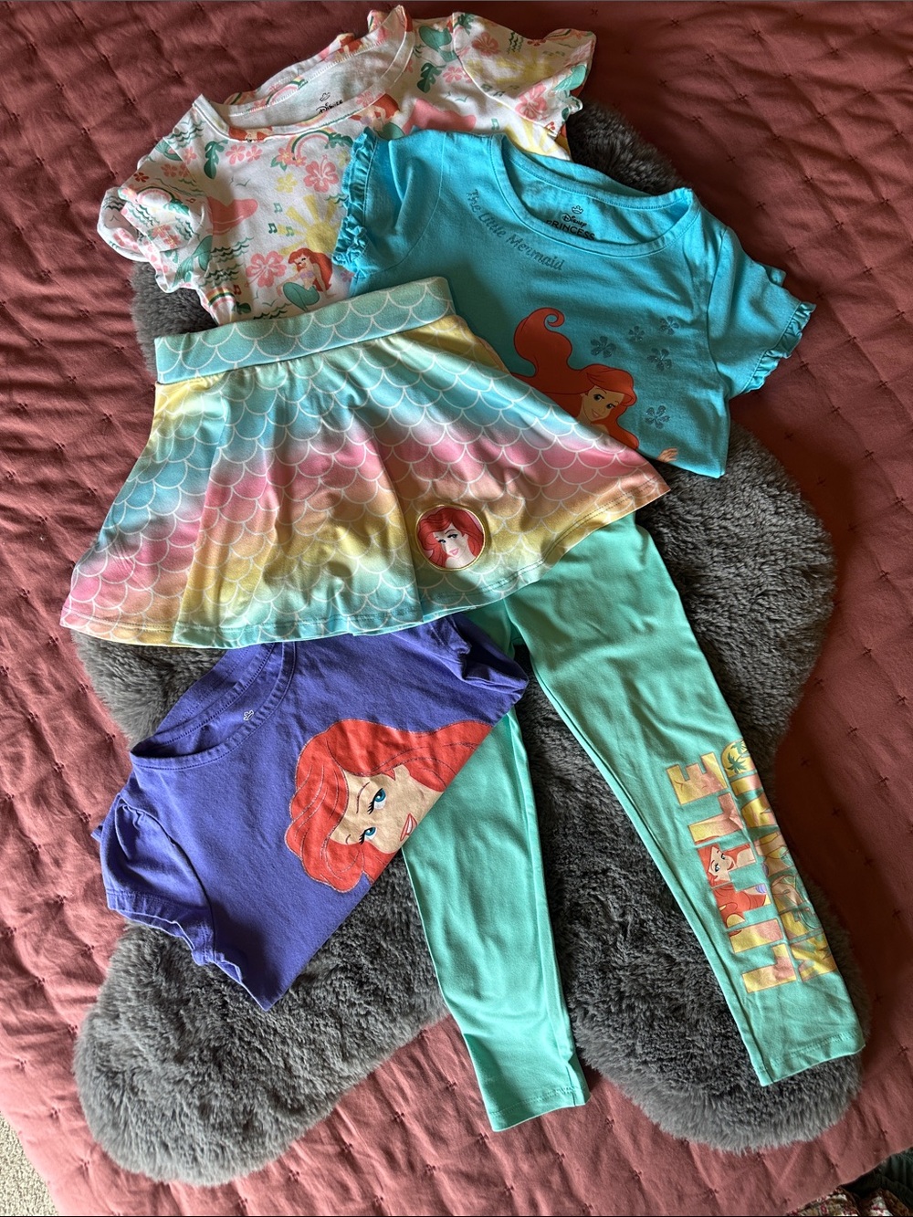 Disney Little Mermaid Girls 5 Matching Set - Aqua, Purple, Pink, Yellow.  Size 6